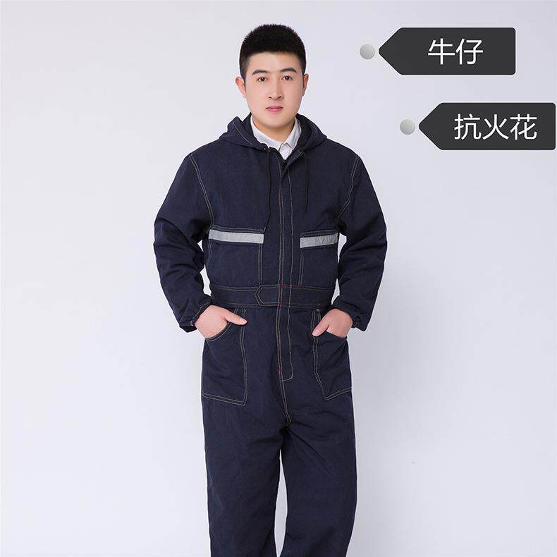 加厚牛仔连体工作服耐磨耐脏结实喷漆汽修防尘电焊反光条劳保工装