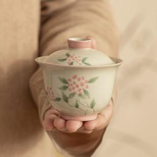 功夫茶具泡茶碗女 冰台手绘绣球花二才盖碗釉下彩陶瓷家用新中式