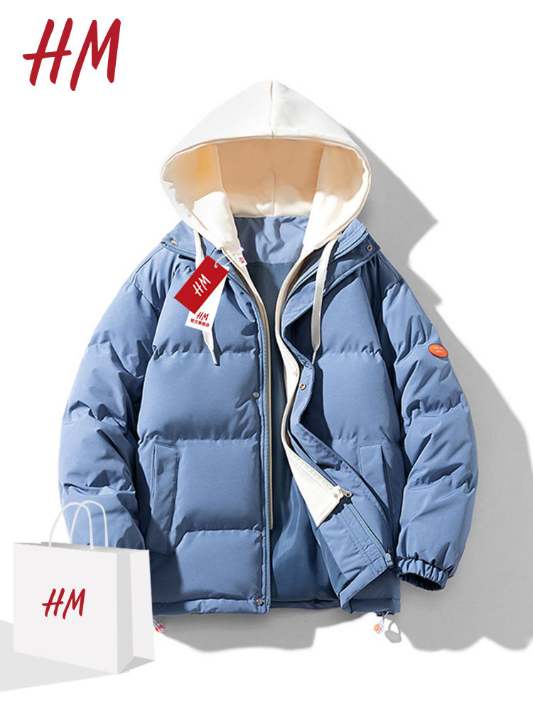 HM 겨울 가짜 투피스 코튼 재킷 남성의 새로운 트렌디 브랜드 따뜻하고 두꺼운 코튼 재킷 후드 루즈한 겨울 코트 플러스 벨벳
