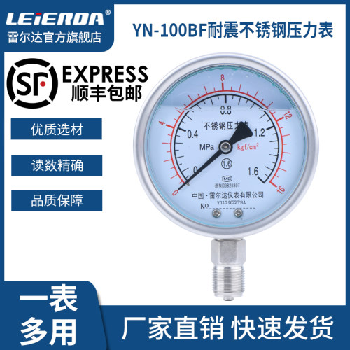 雷尔达 耐震全不锈钢压力表YN-100BF 耐高温防腐防震气压液压 304