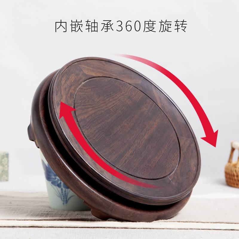 极速黑檀木红木旋转底座r实木质中式奇石头花盆花瓶工艺品摆饰展