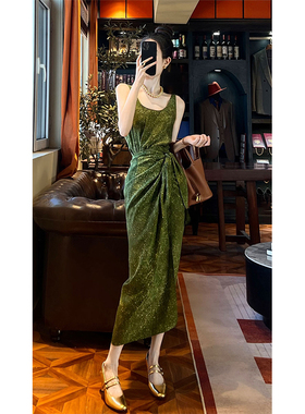 速发法带气质名媛夏端精致神范高级感小众设计绿色吊式连衣裙子高
