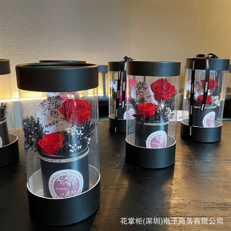 速发三八妇节母亲节伴手礼法风圆桶手提花园PVC礼盒永生花花束