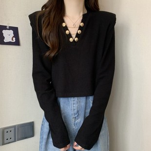 速发大码装款式设计感垫肩长袖上衣秋冬新子遮肚款短法打底衫