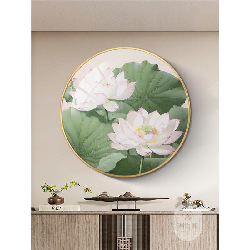 速发荷花挂画新中式装饰画圆形中国风电视背景墙茶室禅意玄关餐厅
