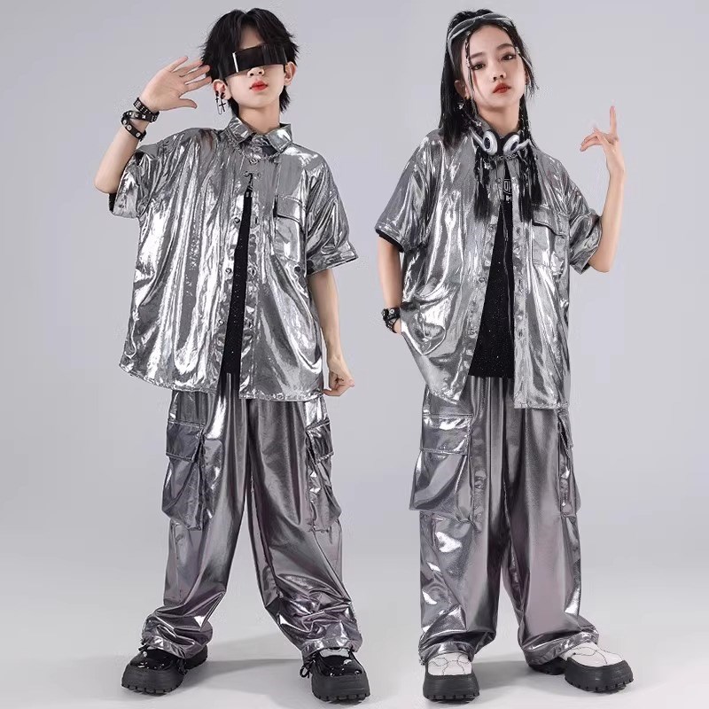 速发男孩少iphop街舞哈儿潮服嘻h银色套装少儿炸街孩爵士走秀演出