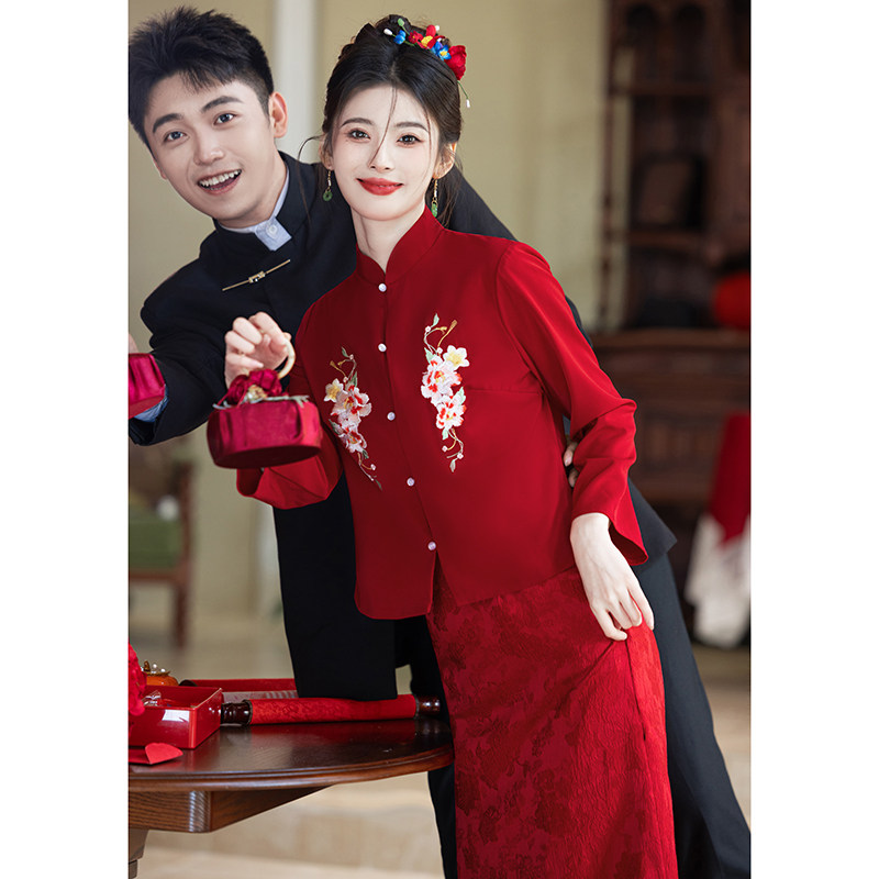 速发红色旗订秋酒服新娘绣花袍婚礼服中式结婚出阁回门套装长袖敬