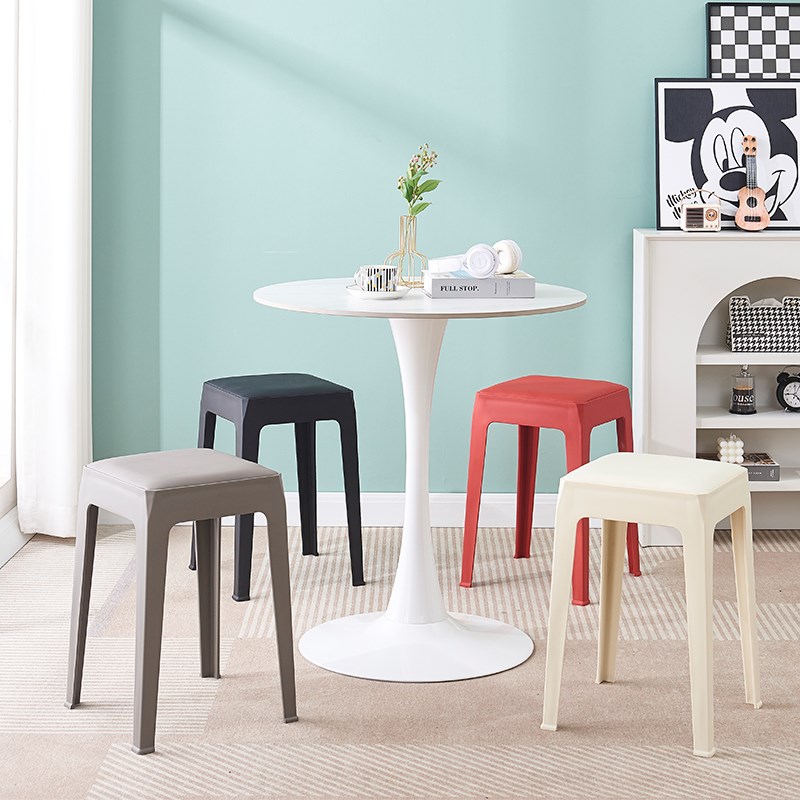 速发塑料桌子家用加餐可叠放正方形48CM软皮面客厅厚凳塑胶高椅子