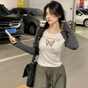 2季 速发大码 恤T20春4新款 复古字母印花长袖 遮肚子上衣 美式