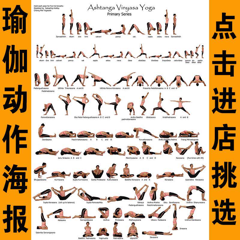现货速发阿斯汤加瑜伽体式序列图动作姿势装饰画瑜伽动作分解海报