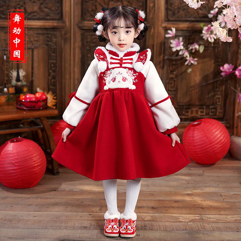现货速发童古装汉服超仙红色表演服儿童日常唐装装中国风喜庆演出
