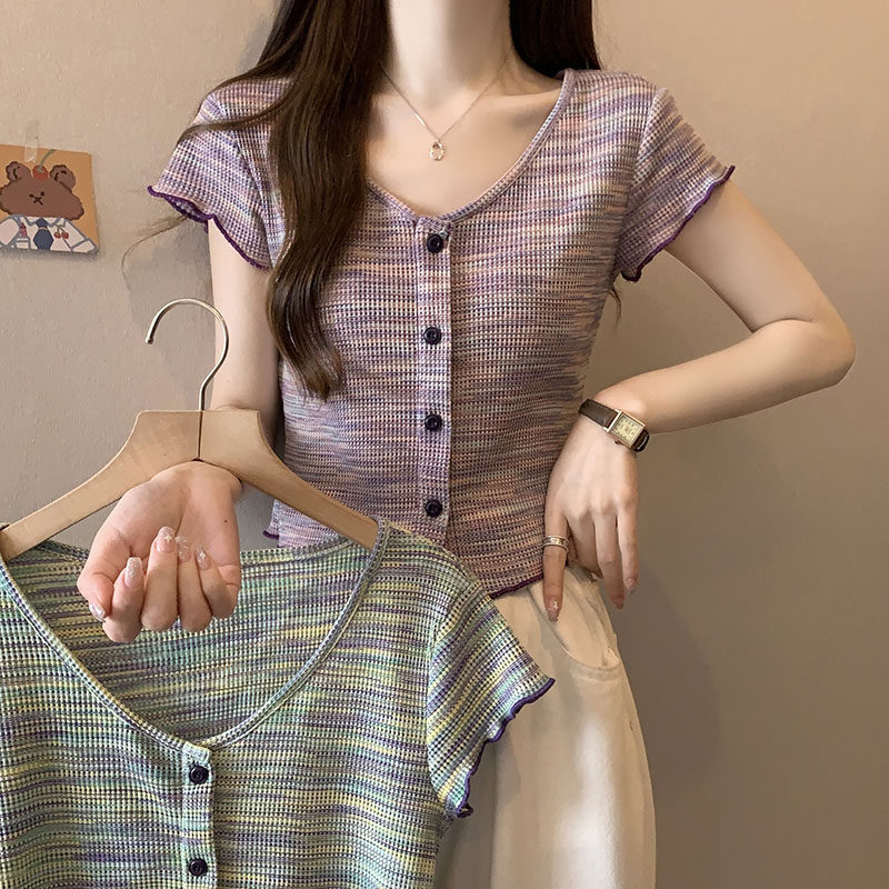 现货大码微胖复古条纹v领正肩女夏季胖Nmm短款显瘦开衫上衣