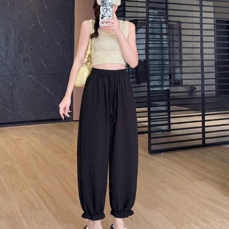 26夏棉麻女装新款轻盈禅意木耳边灯笼裤女休闲百搭荷叶边九分裤
