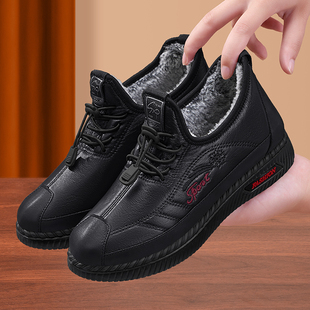 防滑皮面休闲老人鞋 老北京布鞋 一脚蹬保暖棉鞋 加绒加厚新款 女冬季