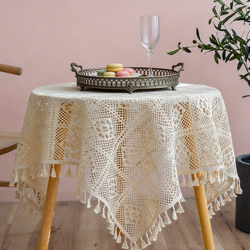 美式复古镂空茶几棉麻布艺圆桌子方桌ins奶油风桌布蕾丝防尘盖布
