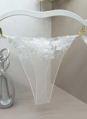 内裤女丁字裤无弹法式性感刺绣花朵透明透气底档网纱镂空薄内裤