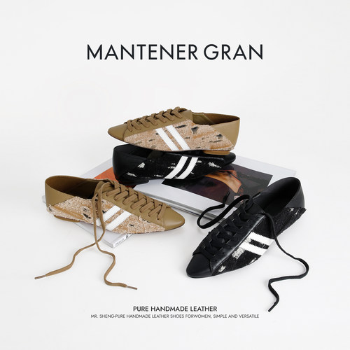 MantenerGran复古尖头德训鞋女羊皮牛仔布拼接休闲鞋 MG女鞋