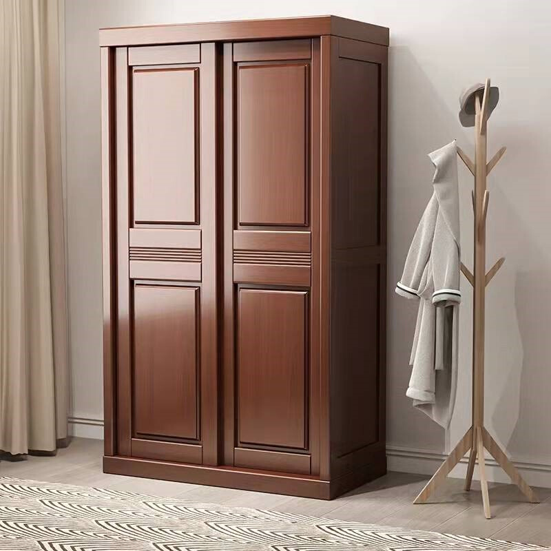 新中式推拉门实木衣柜卧室2门3A滑移门衣橱经济型收纳带镜子小户