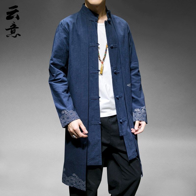 速发中国风男装棉服立领唐装款松中式亚麻汉麻中长宽风衣道袍潮