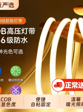 鼎雁COB灯带自粘led灯条220v防水超亮灯槽客厅吊顶户外明装暖光