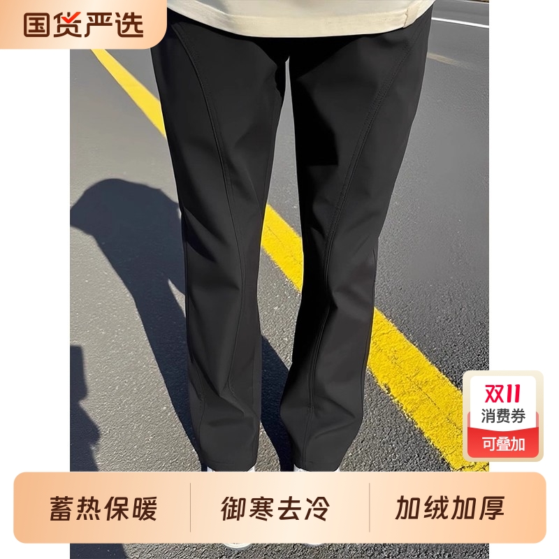 黑色加绒工装裤男款直筒斜切