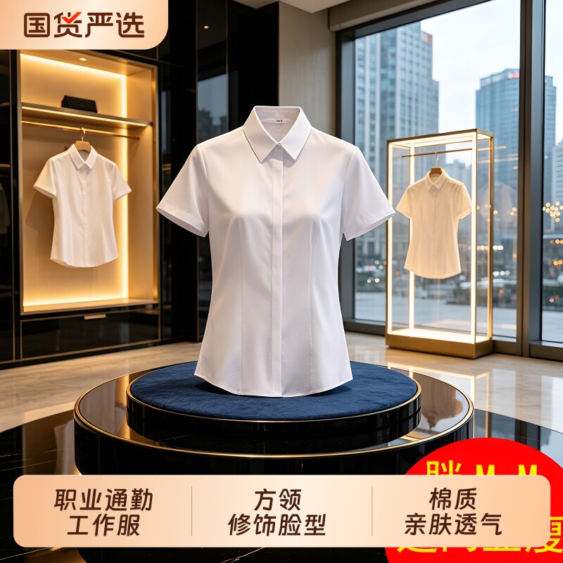 胖mm宽松大码职业装白衬衫女短袖春夏款工作服蓝衬衣工装白色蓝色