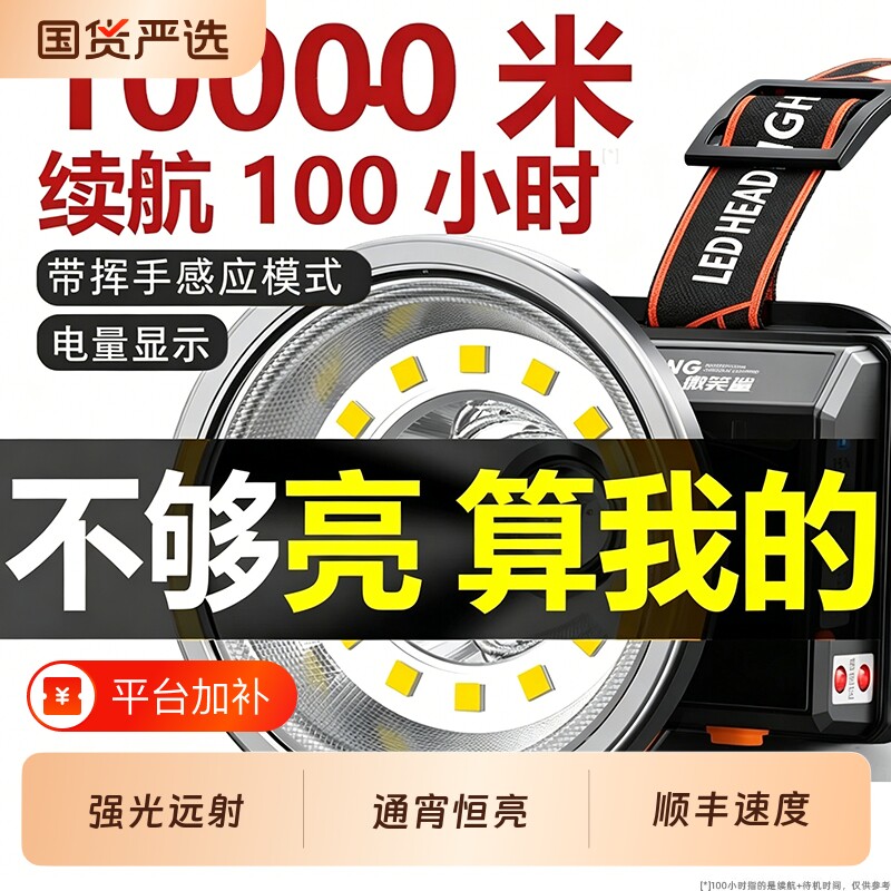 微笑鲨头戴式强光头灯超亮充电式照明灯手电筒户外大功率夜钓感应