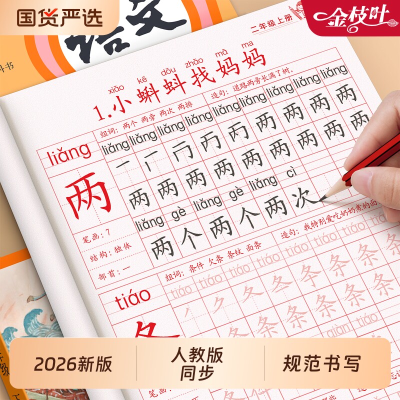 二年级上册练字帖语文同步字帖人教版小学生专用每日一练拼音生字描红本写字课课练2年级期硬笔书法暑假练字本笔画笔顺练习新版