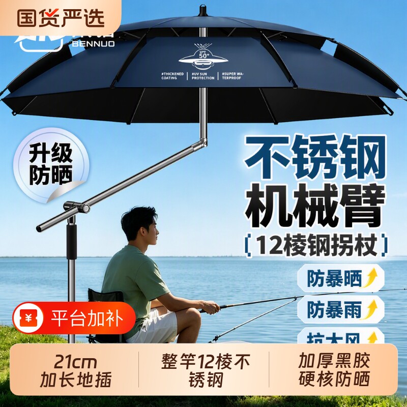 本诺野钓专用钓鱼伞钓伞2026新款防晒遮阳雨伞拐杖暴雨地插露营