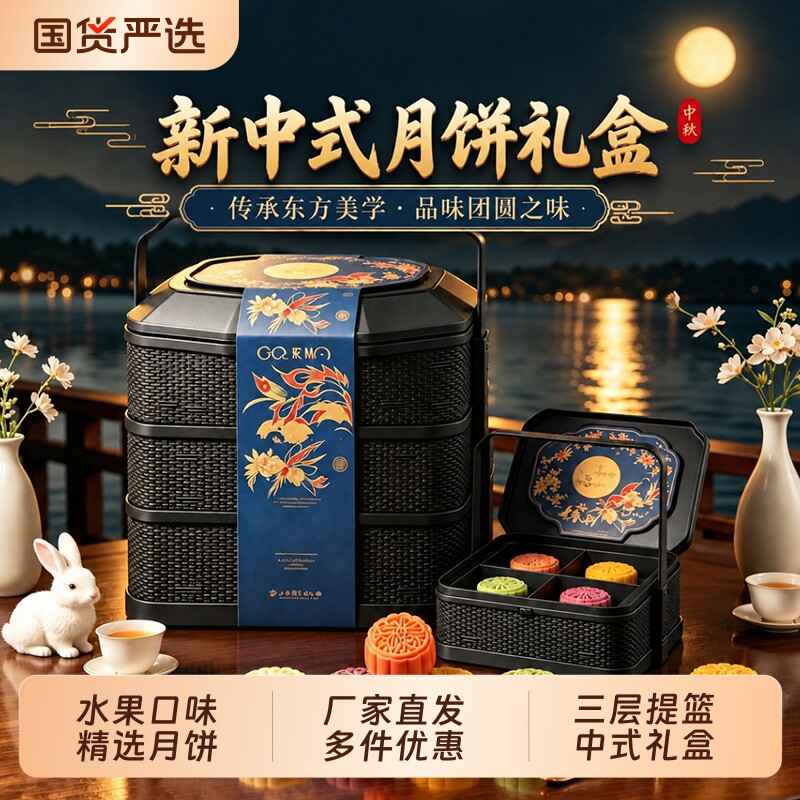月饼提篮礼盒官方旗舰店三层装图片