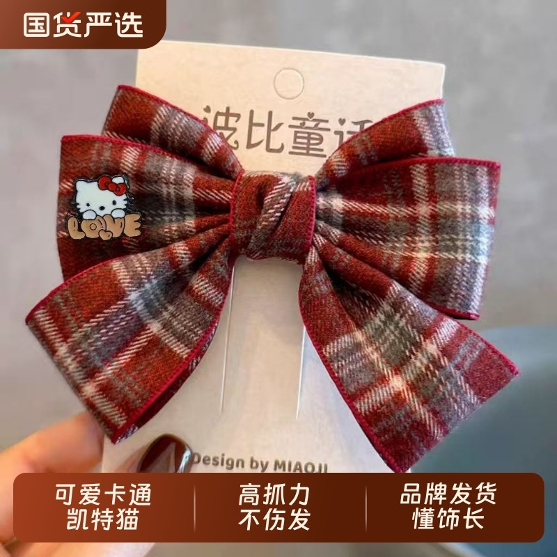 秋冬新款儿童复古格纹蝴蝶结发夹女孩学院风顶夹亲子发卡头饰红色