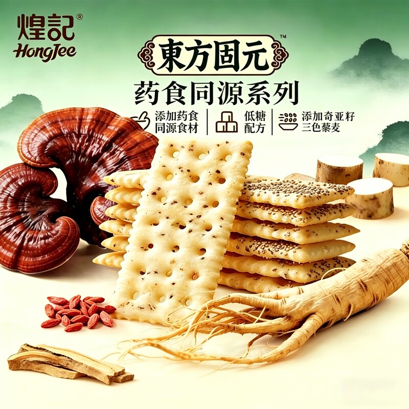 煌记东方人参山药灵芝枸杞苏打饼干健康零食独立包装代餐奇亚籽