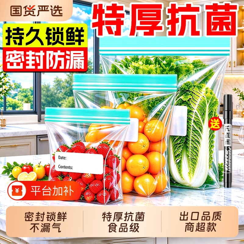 加厚保鲜袋密封食品级家用冰箱冷冻专用自封袋食品冷藏收纳重复用