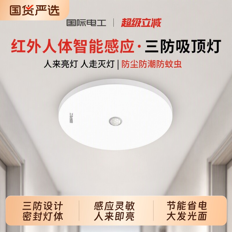 国际电工人体智能感应灯走廊过道入户220v夜间自动吸顶灯楼道楼梯图片