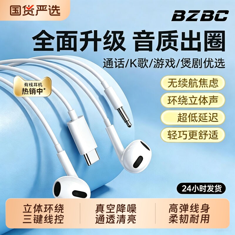 有线耳机半入耳式3.5mm圆孔接口type-c扁口带麦k歌数字音频全兼容