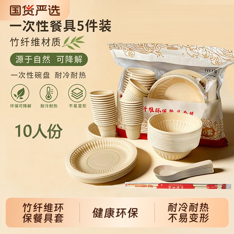 食品级一次性餐具5件套装环保碗芍竹纤维可降解户外野餐露营用餐