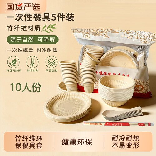 食品级一次性餐具5件套装环保碗芍竹纤维可降解户外野餐露营用餐