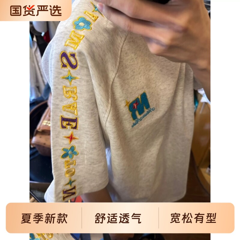 美式复古连肩刺绣短袖t恤男夏季国潮牌高街小众情侣上衣灰色新款