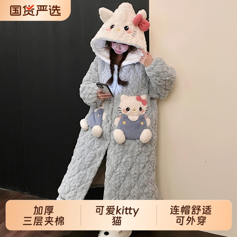 俞兆林2025新款睡袍女秋冬季加绒加厚三层夹棉冬天睡衣保暖家居服