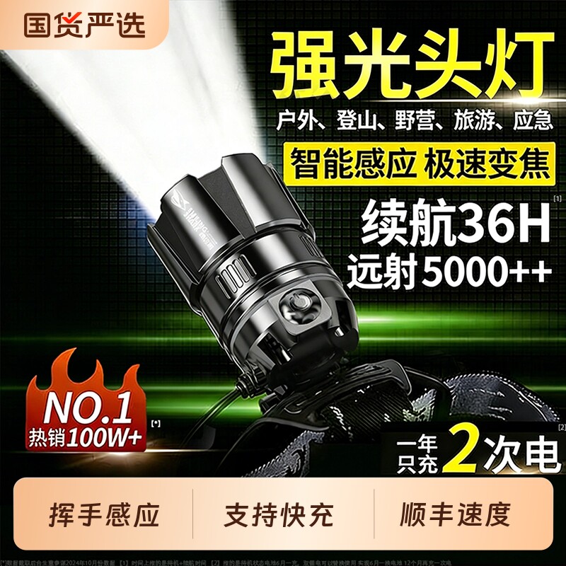 微笑鲨头灯头戴式强光可充电超亮超长续航手电筒钓鱼专用夜钓新款