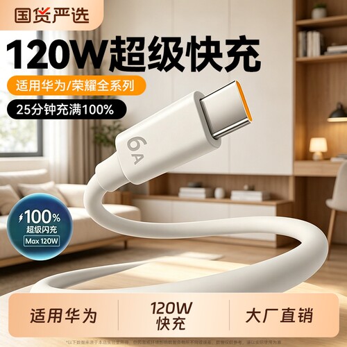 快冲冲 Type-c数据线120W超级快充适用华为mate60pro/40pro/P50充电线荣耀60/70手机100W66W闪充usb加长车载