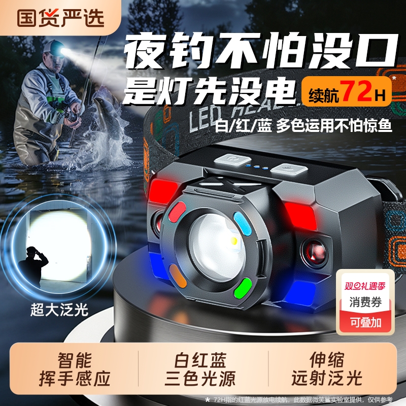 头灯钓鱼专用2025新款强光超亮夜钓感应超长续航充电户外头戴式