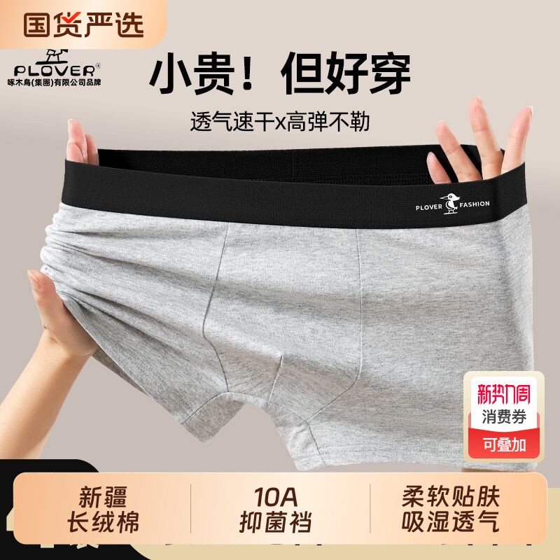 PLOVER啄木鸟男士内裤纯棉裤抑菌平角裤男生透气平角裤头潮湿抗