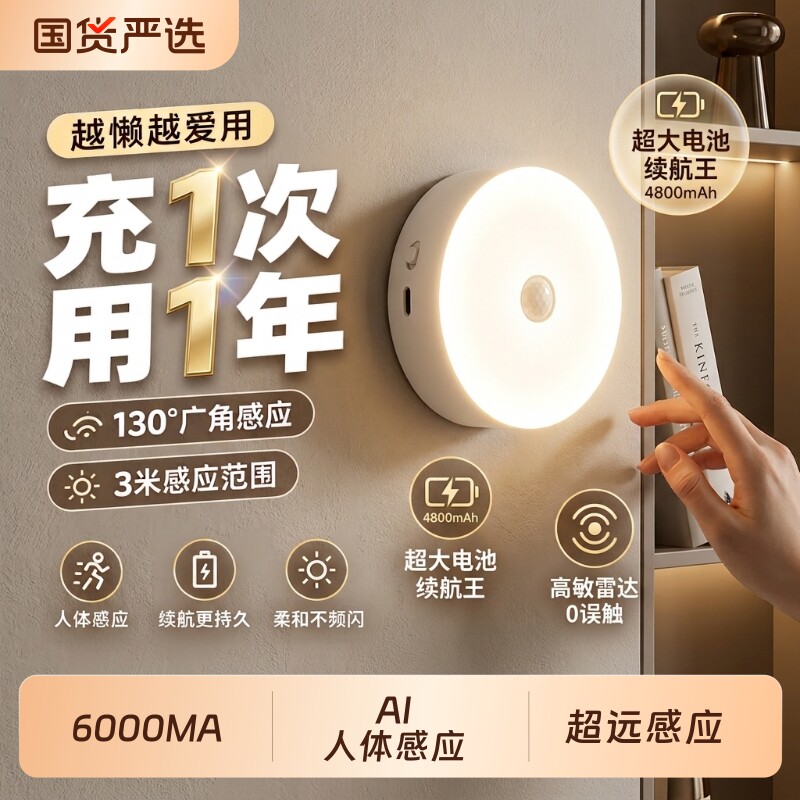 人体感应灯夜间自动亮灯天黑起夜走廊过道智能充电小夜灯2026新款