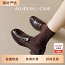 奥古狮登厚底乐福鞋女2025新款冬季棕色单鞋英伦小皮鞋黑加绒棉鞋