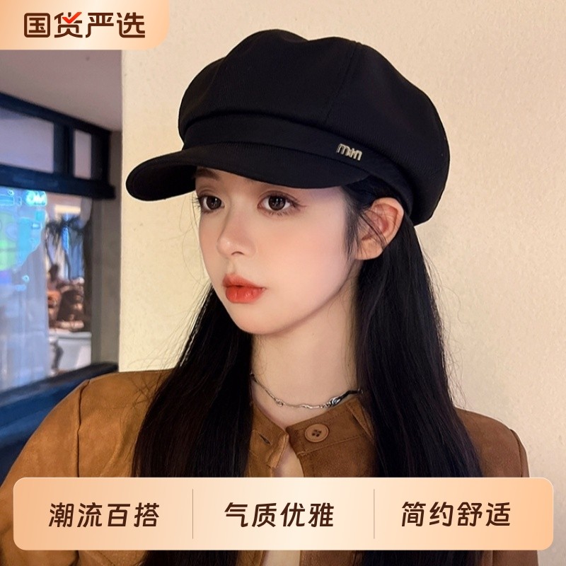 新款贝雷帽女秋冬显脸小鸭舌八角帽大头围法式复古黑色报童帽子潮