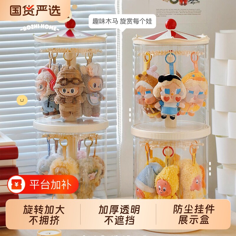 拉布布展示盒收纳盒搪胶娃娃旋转labubu挂件透明玩偶展示架展示柜