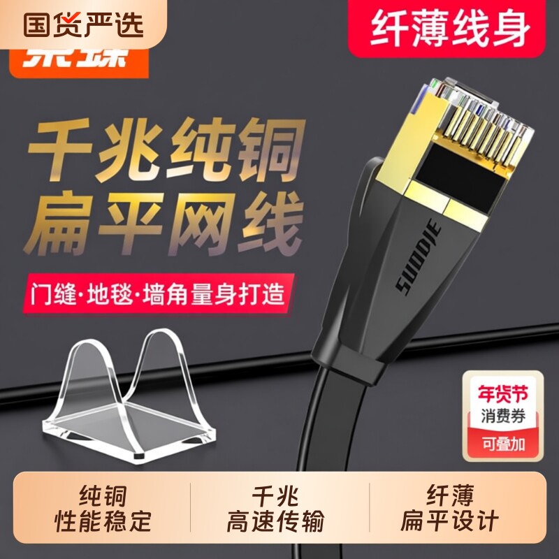 千兆扁平网线六6类家用超薄纯铜高速电脑网络宽带线5/10/20/