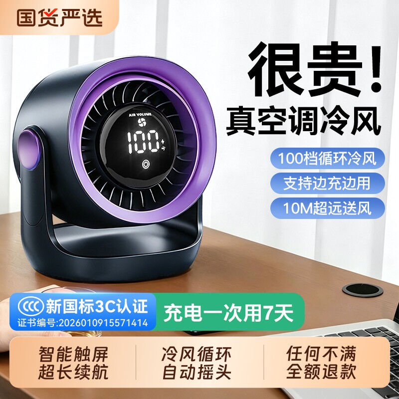 桌面小风扇自动摇头2026新款制冷小型usb充电风扇学生上课静音办公室桌迷你便携宿舍挂壁超强力风扇降温两用