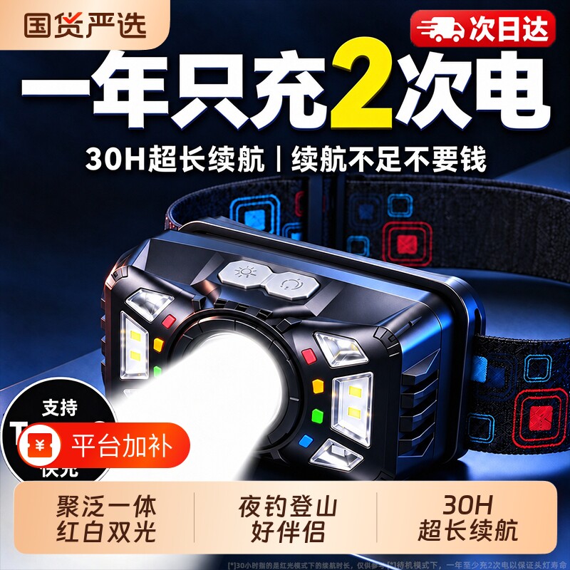 夜钓感应头灯钓鱼专用2026新款强光超亮续航户外登山头戴式照明灯